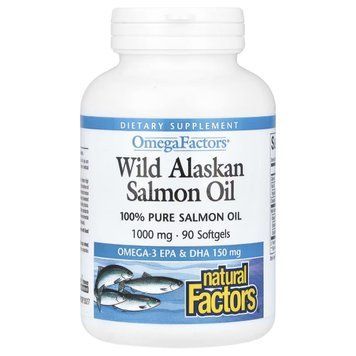 Жир дикого аляскинського лосося, 1000 мг, OmegaFactors, Wild Alaskan Salmon Oil, Natural Factors, 90 гелевих капсул