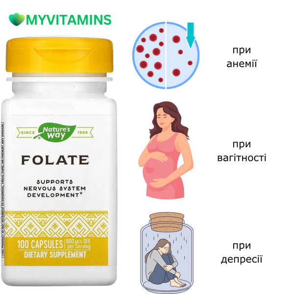 Фолат, 800 мкг, Folate, Nature's Way, 100 капсул