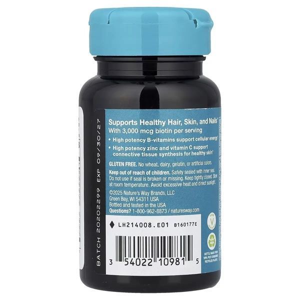 Биотин-форте с цинком, 3 мг, Biotin Forte with Zinc, Nature's Way, 60 таблеток