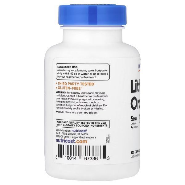 Літій оротат, 5 мг, Lithium Orotate, Nutricost, 120 капсул