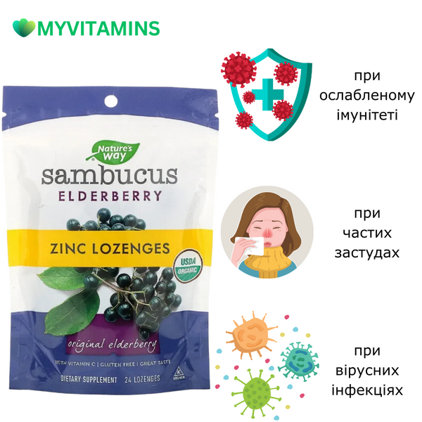 Леденцы бузины с цинком, Sambucus Elderberry, Zinc Lozenges, Nature's Way, 24 леденца