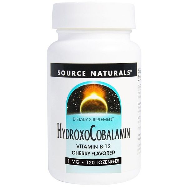 Вітамін B12, 1 мг, Гідроксокобаламін, смак вишні, Hydroxocobalamin, Source Naturals, 120 таблеток