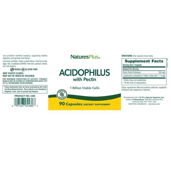 Ацидофільні бактерії з пектином, Acidophilus with Pectin, Natures Plus, 90 капсул