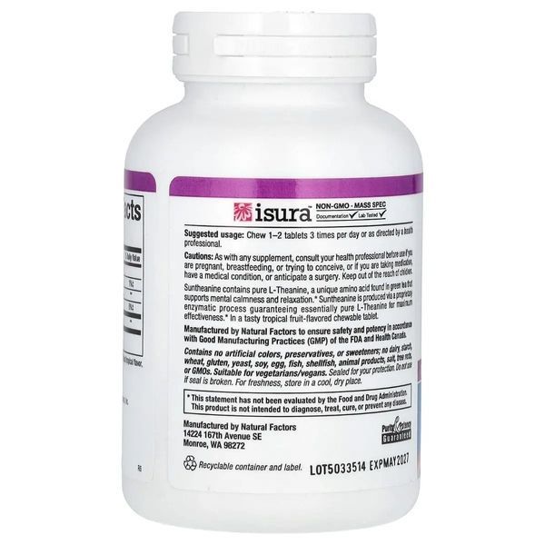 L-теанін, 200 мг, Stress-Relax, Suntheanine, L-Theanine, Natural Factors, 60 жувальних таблеток