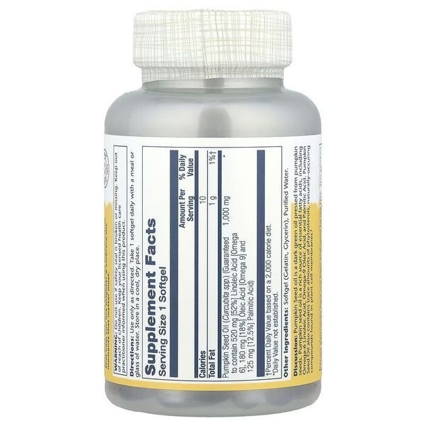 Олія насіння гарбуза, 1000 мг, Pumpkin Seed Oil, Solaray, 90 гелевих капсул