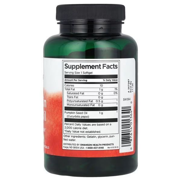 Масло семян тыквы, 1000 мг, Pumpkin Seed Oil, Swanson, 100 гелевых капсул