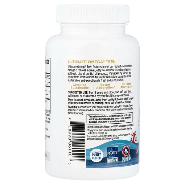 Омега-3, риб'ячий жир для підлітків, смак полуниці, Teen, Ultimate Omega Fish Oil, Ages 12+, Nordic Naturals, 60 мінікапсул