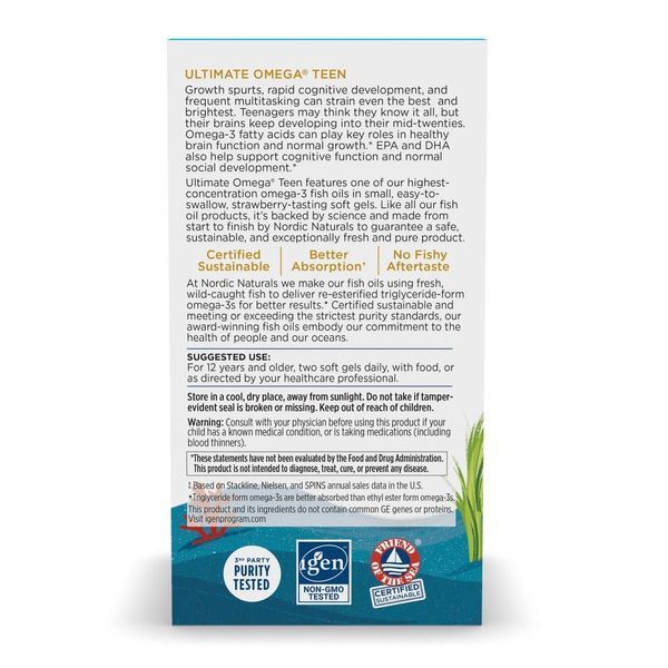 Омега-3, риб'ячий жир для підлітків, смак полуниці, Teen, Ultimate Omega Fish Oil, Ages 12+, Nordic Naturals, 60 мінікапсул