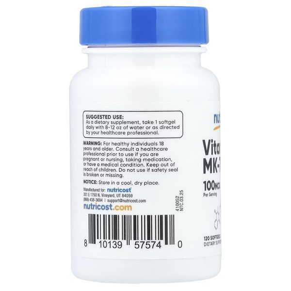 Вітамін К2 у формі МК-7, 100 мкг, Vitamin K2 MK-7, Nutricost, 120 гелевих капсул