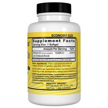 Витамин D3, Vitamin D3, 10000 IU, Healthy Origins, 120 капсул