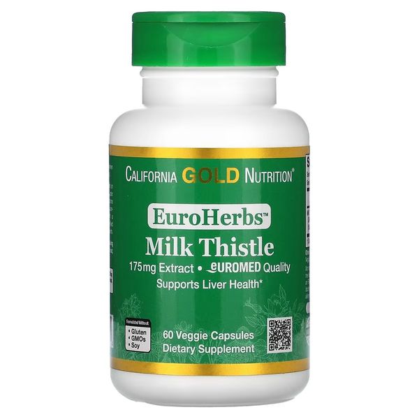 Екстракт розторопші, 175 мг, Milk Thistle Extract, EuroHerbs, European Quality, California Gold Nutrition, 60 вегетаріанських капсул