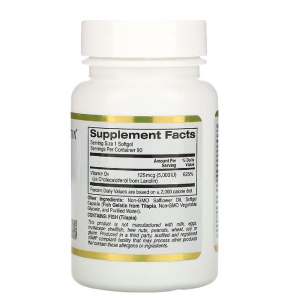 Вітамін D3, 5000 МО (125 мкг), California Gold Nutrition, 90 желатинових капсул