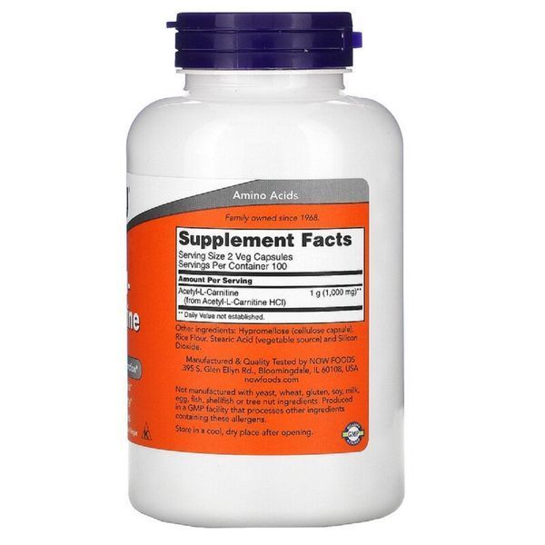 Ацетил-L-Карнітин, Acetyl-L-Carnitine, Now Foods, 500 Мг, 200 Вегетаріанських Капсул