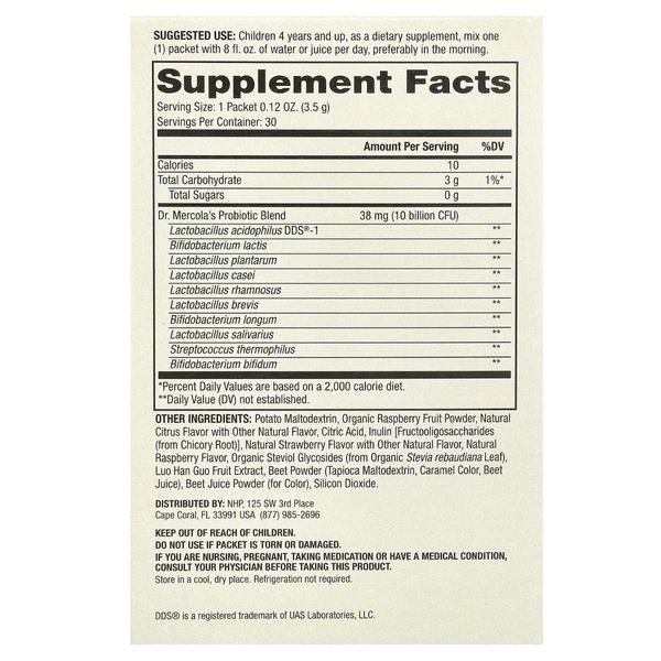 Пробиотики для детей, 10 млрд КОЕ, вкус малины, Complete Probiotics Powder Packets for Kids, Dr. Mercola, 30 пакетиков