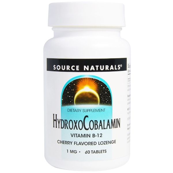 Вітамін B12, 1 мг, Гідроксокобаламін, смак вишні, Hydroxocobalamin, Source Naturals, 60 таблеток