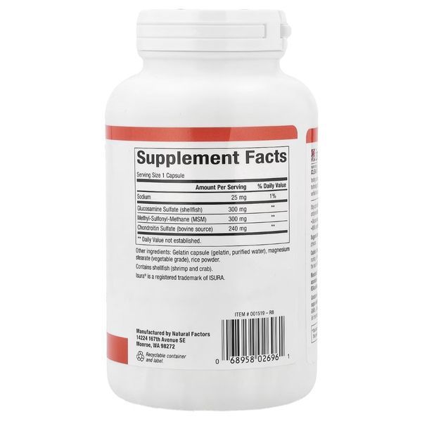 Формула для суглобів з МСМ , глюкозаміном та хондроїтинсульфатом, MSM Joint Formula with Glucosamine & Chondroitin Sulfate, Natural Factors, 180 капсул