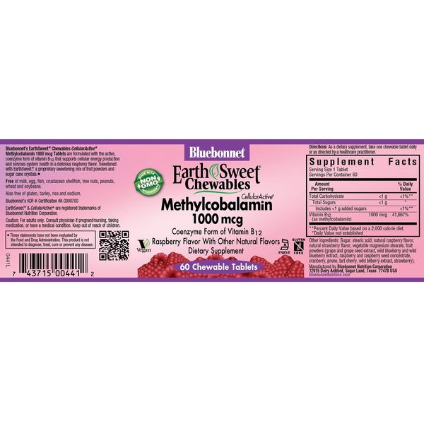 Метилкобаламін (В12) 1000мкг, Смак Малини, Earth Sweet Chewables, Bluebonnet Nutrition, 60 жувальних таблеток