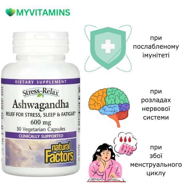 Ашваганда, 600 мг, Ashwagandha, Natural Factors, 30 вегетаріанських капсул
