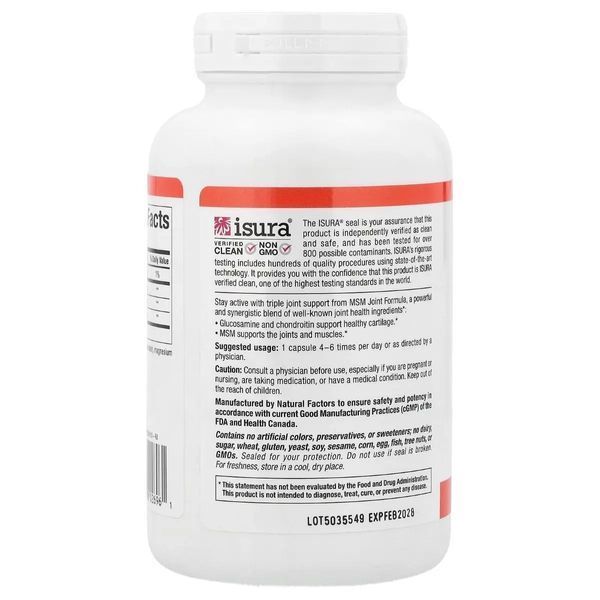 Формула для суставов с МСМ, глюкозамином и хондроитинсульфатом, MSM Joint Formula with Glucosamine & Chondroitin Sulfate, Natural Factors, 180 капсул