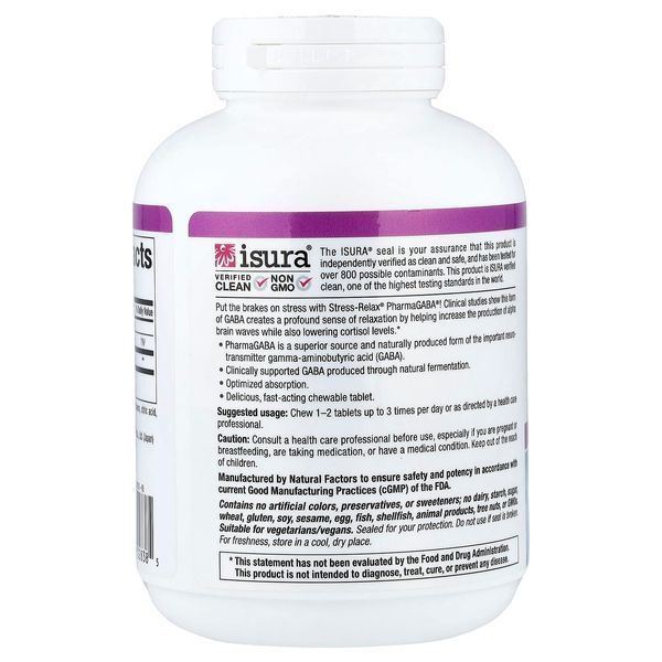 GABA (Гама-Аміномасляна Кислота), 100 мг, Stress Relax, Pharma GABA, Natural Factors, 120 жувальних таблеток