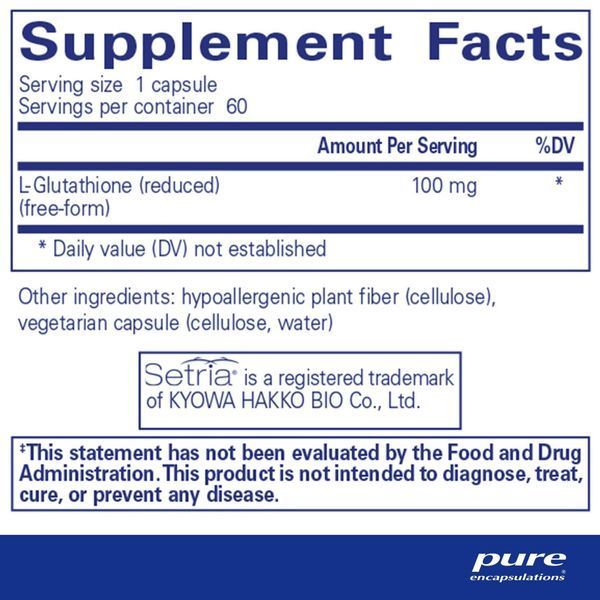 Глутатіон відновлений, 100 мг, Reduced Glutathione, Pure Encapsulations, 60 капсул