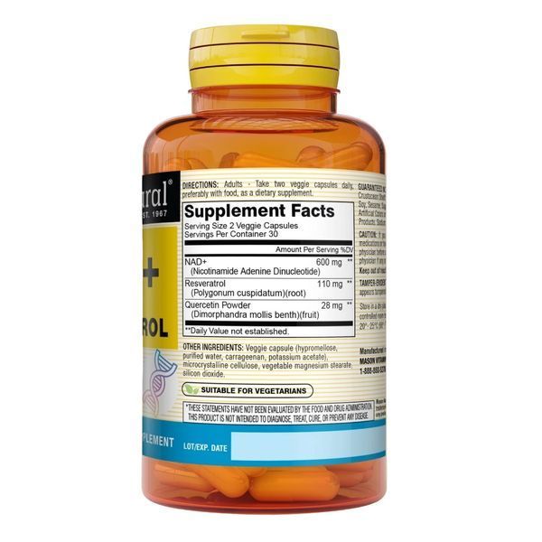 NAD+ з ресвератролом, NAD+ Supplement with Resveratrol, Mason Natural, 60 вегетаріанських капсул