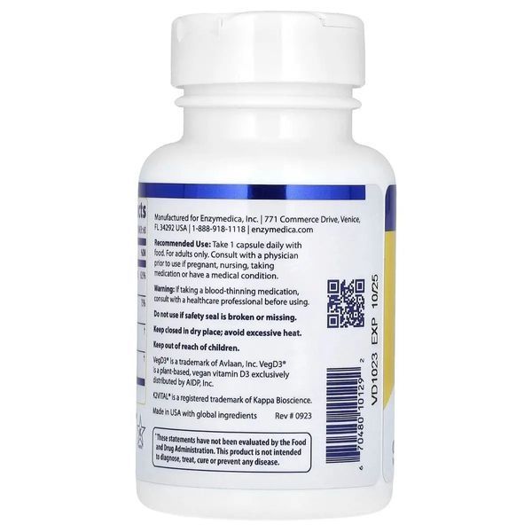 Витамин D3 + Витамин K2, Vitamin D3 + Vitamin K2, Enzymedica, 60 капсул