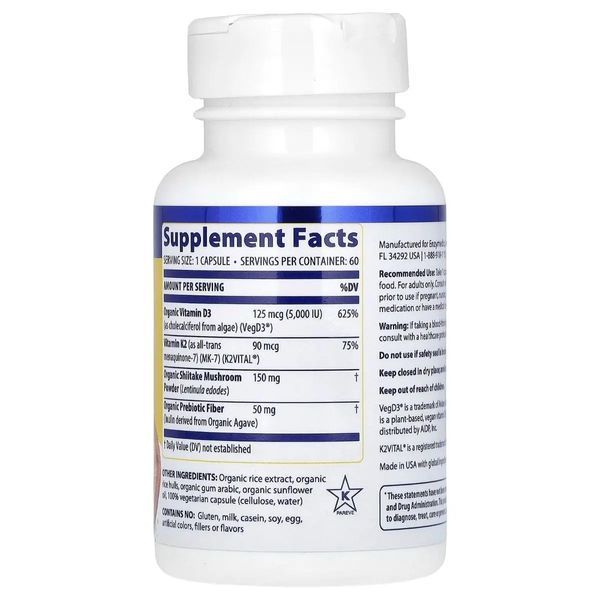 Витамин D3 + Витамин K2, Vitamin D3 + Vitamin K2, Enzymedica, 60 капсул