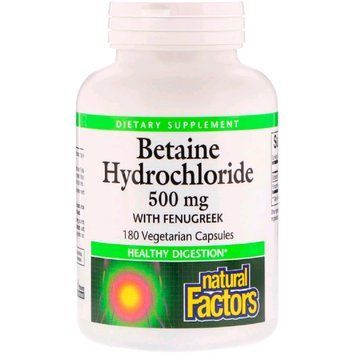 Бетаин Гидрохлорид и Пажитник, Betaine Hydrochloride + Fenugreek, Natural Factors, 500мг, 180 капсул