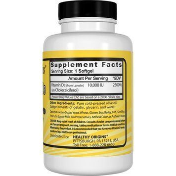 Витамин D3, Vitamin D3, 10000 IU, Healthy Origins, 30 капсул