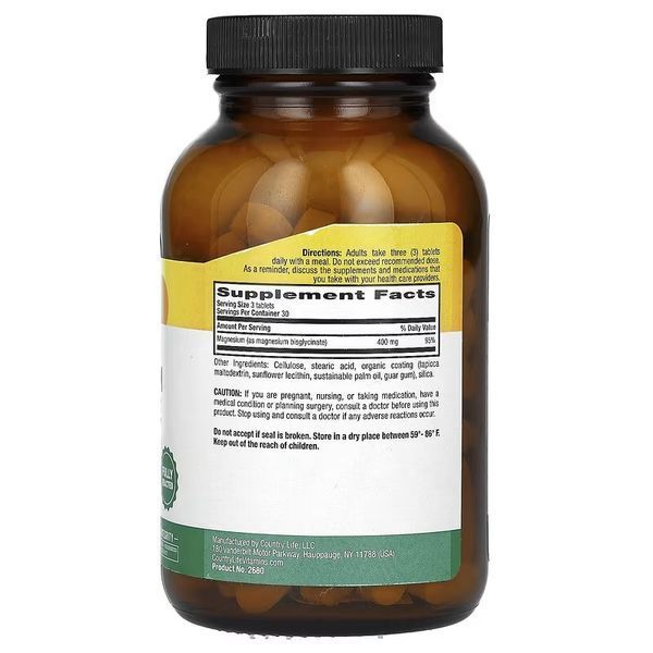 Магній Хелатний гліцинат, 400 мг, Chelated Magnesium Glycinate, Country Life, 90 таблеток (133 мг у таблетці)