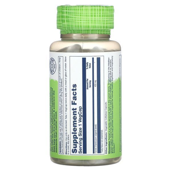 Фенхель, 450 мг, Fennel, Solaray, 100 вегетарианских капсул