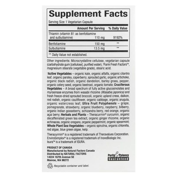 Бенфотиамин и сульбутиамин, BioCoenzymated, Benfotiamine plus Sulbutiamine, Natural Factors, 30 вегетарианских капсул