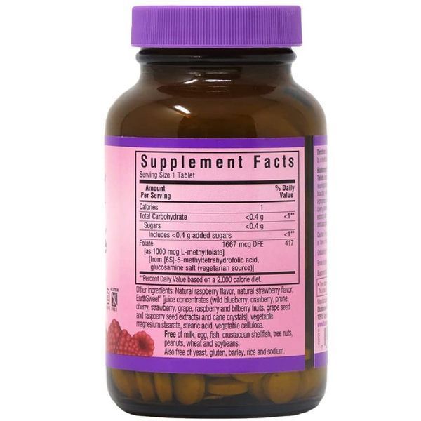 Метилфолат (B9) 1000мкг, Смак Малини, Earth Sweet Chewables, Bluebonnet Nutrition, 90 жувальних таблеток