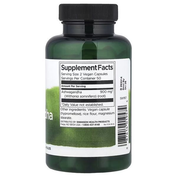 Ашваганда, 900 мг на порцію, Full Spectrum Ashwagandha, Swanson, 100 веганських капсул