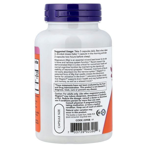 Магній L-треонат, Magtein, Magnesium L-Threonate, Now Foods, 90 вегетаріанських капсул
