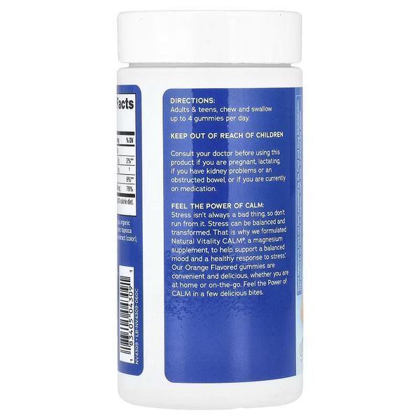 Цитрат Магния, 330 мг, вкус апельсина, CALM, Magnesium Supplement, Natural Vitality, 60 жевательных конфет