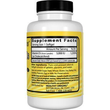 Витамин D3, Vitamin D3, 5000 IU, Healthy Origins, 30 капсул