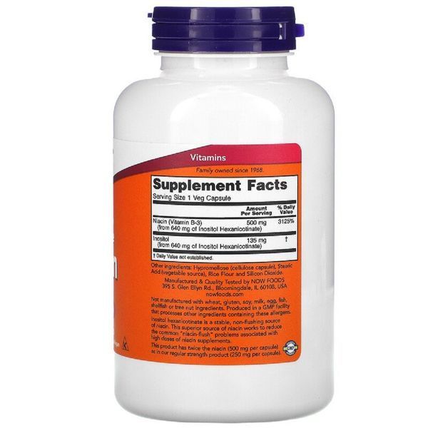 Ніацин (В3), No-Flush Niacin, Now Foods, 500 мг, 180 вегетаріанських капсул