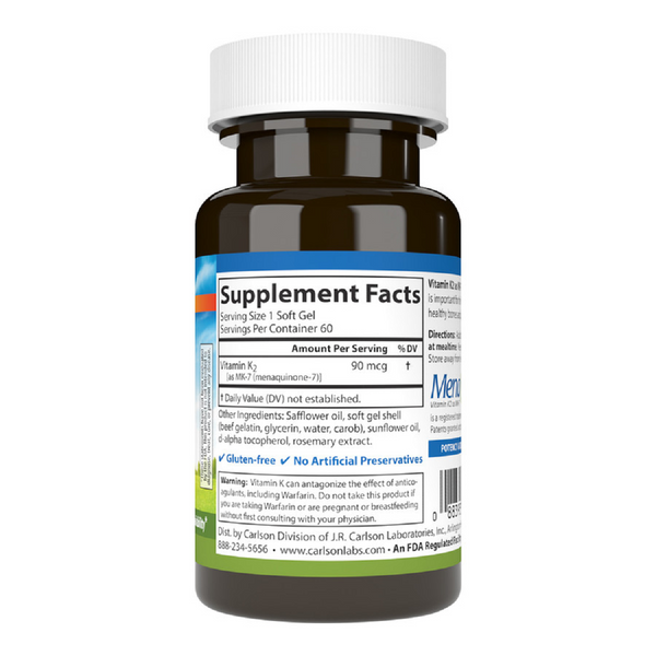 Вітамін K2, MK-7, 90 мкг, Vitamin K2 як MK-7, Carlson, 60 желатинових капсул