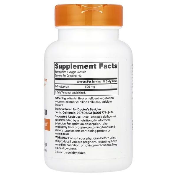 L-триптофан, 500 мг, L-Tryptophan, Doctor's Best, 90 вегетаріанських капсул