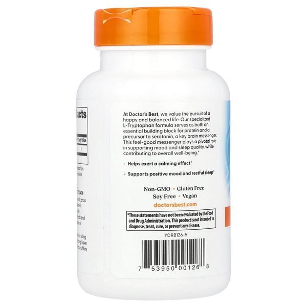 L-триптофан, 500 мг, L-Tryptophan, Doctor's Best, 90 вегетаріанських капсул