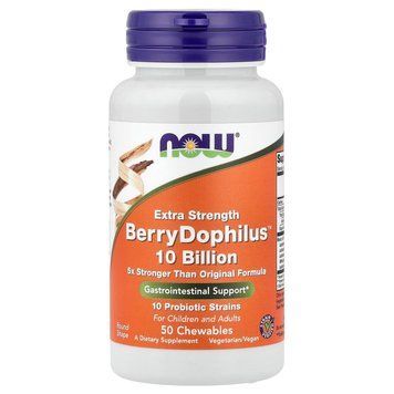 Пробиотики Дофилус, экстра сила, 10 млрд КОЕ, вкус ягод, Berry Dophilus, Now Foods, 50 жевательных таблеток