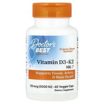 Витамин D3 и K2, Vitamin D3 + K2, MK-7, Doctor's Best, 60 вегетарианских капсул