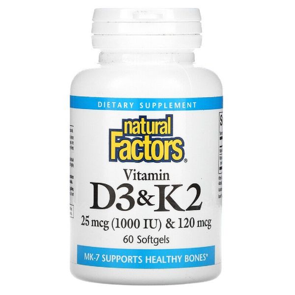 Витамин D3 и К2, Vitamin D3 & K2, Natural Factors, 60 Гелевых Капсул