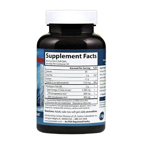 Супер Омега-3, 1200 мг, Super Omega-3, Carlson, 100 желатиновых капсул