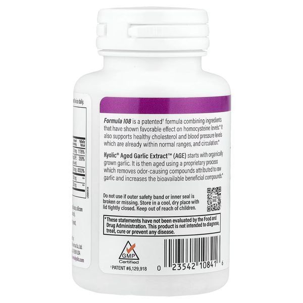 Екстракт часнику для здоров'я серця, Aged Garlic Extract, Formula 108, Kyolic, 100 капсул