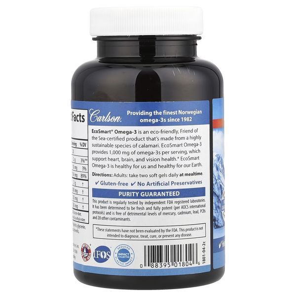 Омега-3, Смак Лимону, EcoSmart Omega-3, Carlson, 90+30 желатинових капсул
