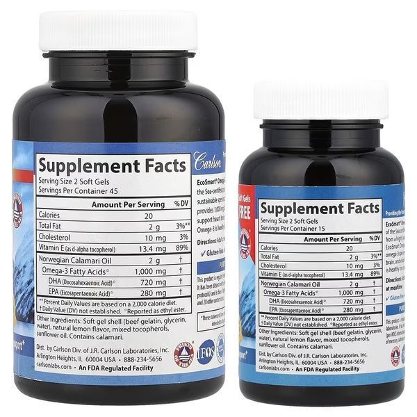 Омега-3, Смак Лимону, EcoSmart Omega-3, Carlson, 90+30 желатинових капсул