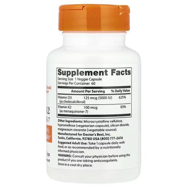 Витамин D3 и K2, Vitamin D3 + K2, MK-7, Doctor's Best, 60 вегетарианских капсул